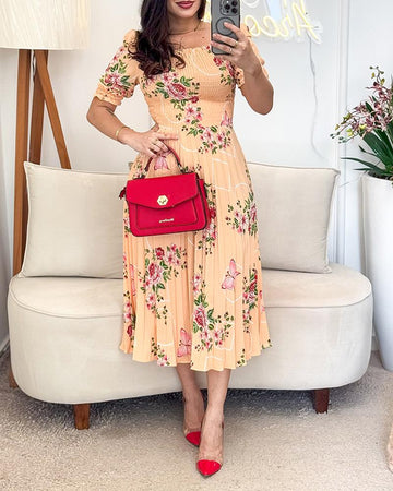 Floral Print Square Neck Waist Shirred Midi Dress Casual Puff Sleeve A Line Pleated Dress